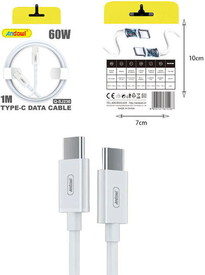 Andowl USB 2.0 Cable USB-C male - USB-C 60W PD Λευκό 1m 075828