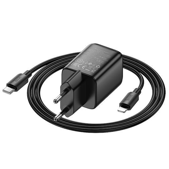 Hoco Φορτιστής GaN με Θύρα USB-A και Θύρα USB-C και Καλώδιο USB-C - Lightning 20W Power Delivery / Quick Charge 3.0 Μαύρος (N52)