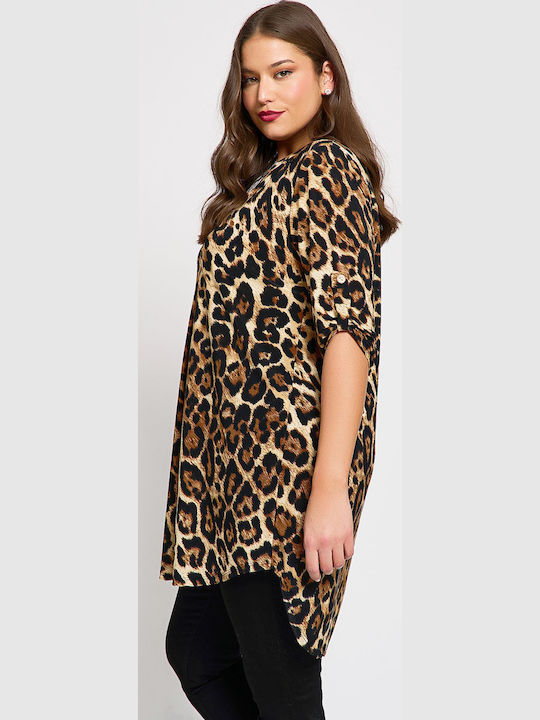 Women's Blouse Long Sleeve with V Neckline Animal Print Ecru