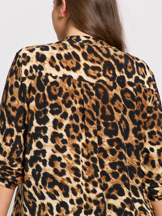 Women's Blouse Long Sleeve with V Neckline Animal Print Ecru