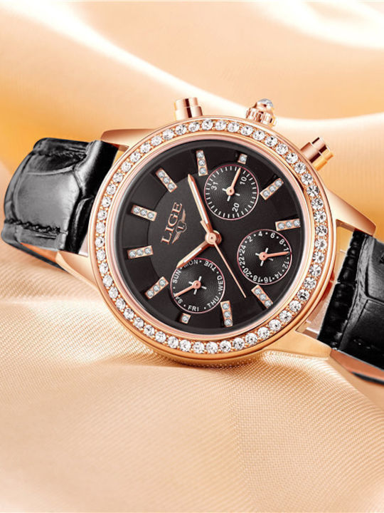 Lige Women's Watch with Black Leather Strap