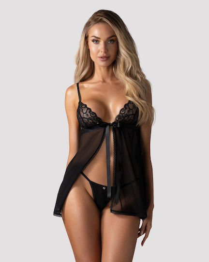 Obsessive Blomentis Set Sexy Nightgown with Lace and Transparency Black