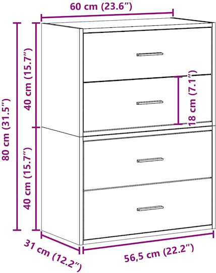 Wooden Chest of Drawers with 4 Drawers Grey Sonoma 60x31x60cm