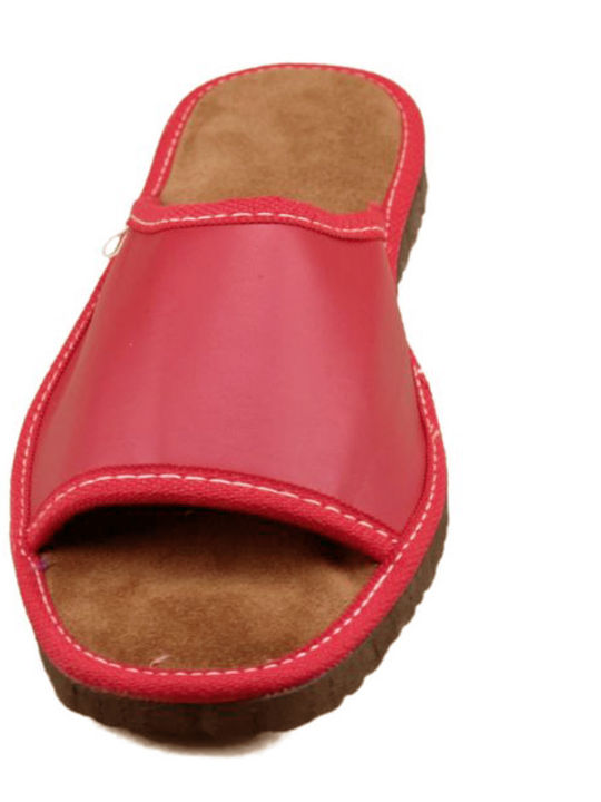 Leather Winter Women's Slippers in Red color