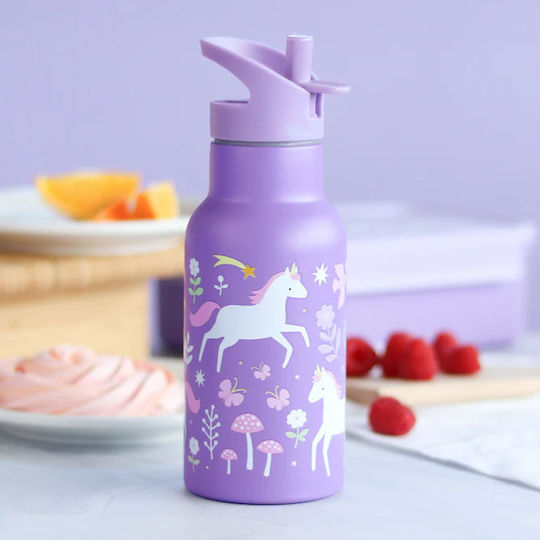 A Little Lovely Company Kids Water Bottle Thermos Unicorn Stainless Steel with Straw 350ml (Various Designs/Colours)
