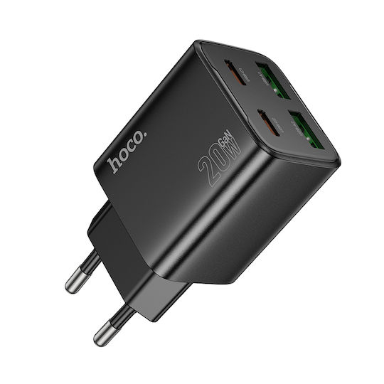 Hoco Φορτιστής Χωρίς Καλώδιο GaN με 2 Θύρες USB-A και 2 Θύρες USB-C 20W Power Delivery / Quick Charge 3.0 Μαύρος (N55 Fundador)