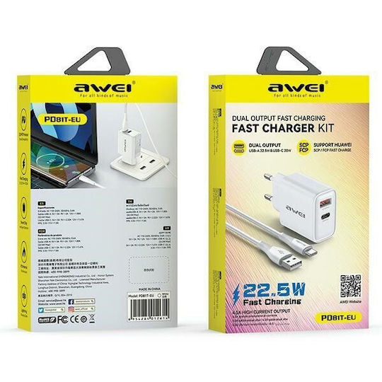 Awei Φορτιστής με Θύρα USB-A και Θύρα USB-C και Καλώδιο USB-C 22.5W Power Delivery Λευκός (PD81)