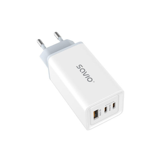Savio GaN с USB-A порт и 2 USB-C порта и кабел USB-C 65W Power Delivery / Quick Charge 3.0 Бял (LA-07)