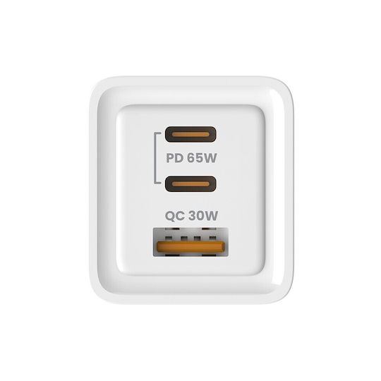 Savio GaN с USB-A порт и 2 USB-C порта и кабел USB-C 65W Power Delivery / Quick Charge 3.0 Бял (LA-07)