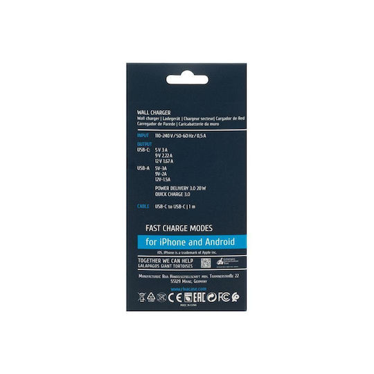 Rivacase с USB-A порт и USB-C порт и кабел USB-C - USB-C 20W Power Delivery / Quick Charge 3.0 Бял (PS4102)