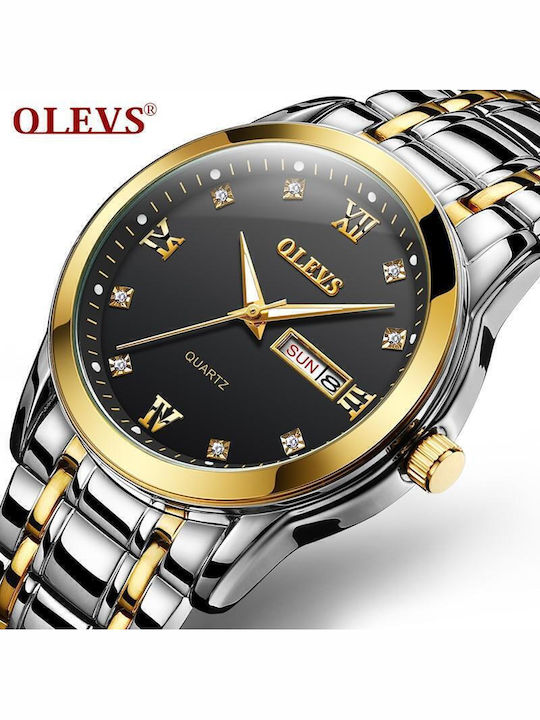 Olevs Ανδρικό Ρολόι 40mm Μπαταρίας με Χρυσό Μεταλλικό Μπρασελέ