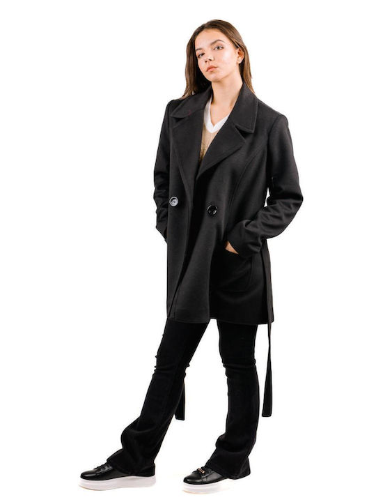 Damen black Kurzmantel mit Gürtel