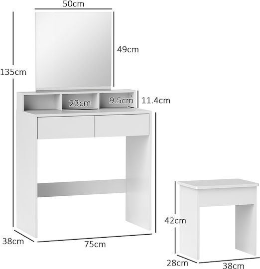 Homcom Schminktisch Spiegel 3 Regale 2 Schubladen Hocker Holz 75x38x135 cm Weiß 831-925v00wt