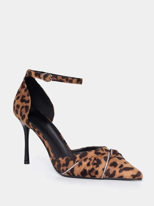 Luigi Brown Heels with Strap Animal Print