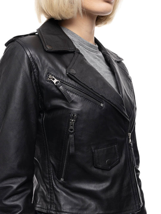 Crop Δερμάτινο Γυναικείο Μπουφάν για Χειμώνα Black