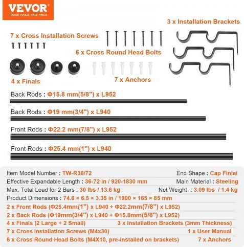 Vevor Metallisch Vorhangstange Doppel mit Stange 180cm Black
