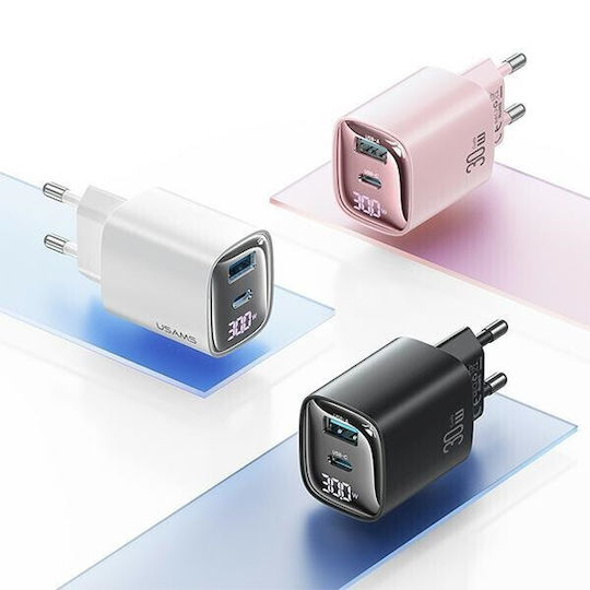 Usams Charger Without Cable GaN with USB-A Port and USB-C Port 30W Whites (CC229)