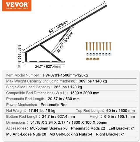 Vevor Σετ Ανύψωσης Κρεβατιού 59x79 Ιντσών Συμβατό Μέγεθος Κρεβατιού Φορτίο 309 Lbs Diy Μηχανισμός Τοίχου Cxsjq1500mm1a79i8v0