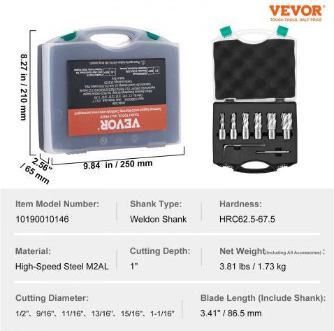 Vevor 6 Pcs Cutter Set Magnetic Drills 1" Cutting Depth 1/2" to 1-1/16" Diameter M2al Steel Guide Case Gsgtzyc6j100o3dw2v0