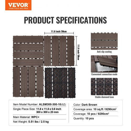 Vevor Plastic Garden Decking Board 30.48x30.48cm 10pcs