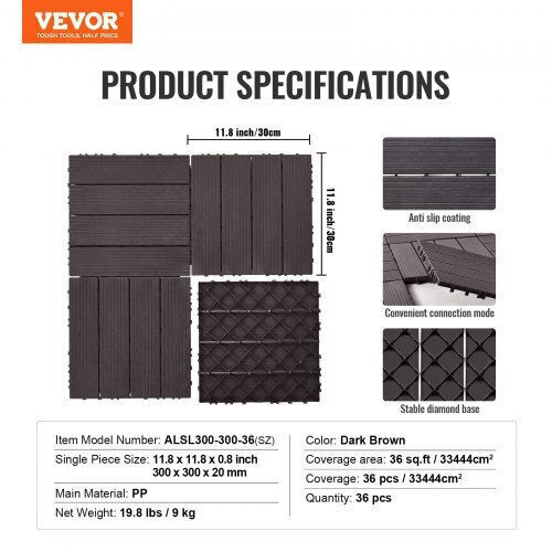 Vevor Terrassendiele für Gartenboden 30.48x30.48cm 36Stück