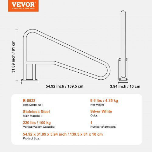Vevor Χειρολαβή Πισίνας από Ανοξείδωτο Ατσάλι 55x32εκ. Λευκή