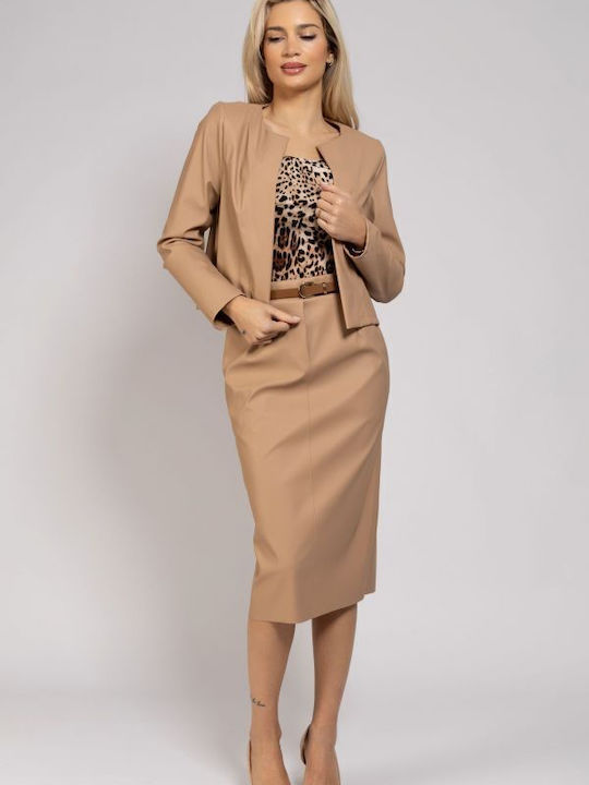 BelleFille Leather Midi Skirt Beige