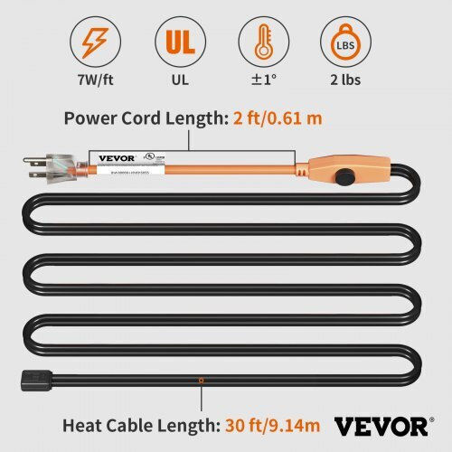 Vevor Rohrheizkabel 9m 23W/m Eingebauter Thermostat Gdjrdlmc30ft7eaagv2