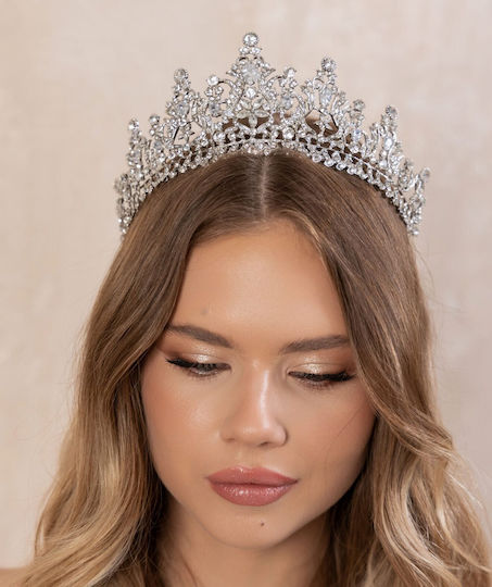 Νυφική Ψηλή Τιάρα Ζιργκόν Ασημί White Queen Tiara Ba16 Hair Duty Hrd-ba16