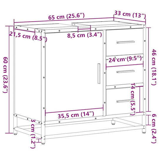 vidaXL Πάγκος χωρίς Νιπτήρα Μ65xΒ33xΥ60cm Sonoma Δρυς