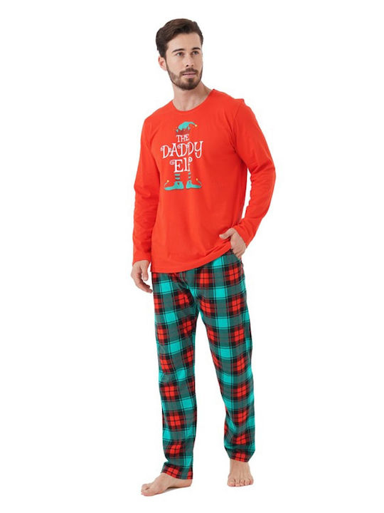 Vienetta Secret Men's Winter Cotton Checked Pajamas Set Fiery Red