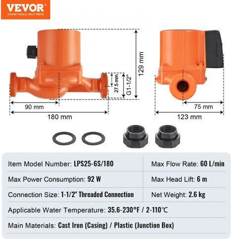 Vevor Αντλία Κυκλοφορίας Ζεστού Νερού 220v 92w 60 L Min 6m 1-1/2" 2°c-110°c Χαμηλού Θορύβου Lwkbzpbb6m605q93vv2