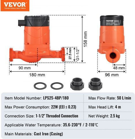 Vevor Energy Efficient Hot Water Circulation Pump ECM 220V 22W 50 L Min 4m 1-1/2" 5 Low Noise Functions Lwkjnpbb4m50zltktv2
