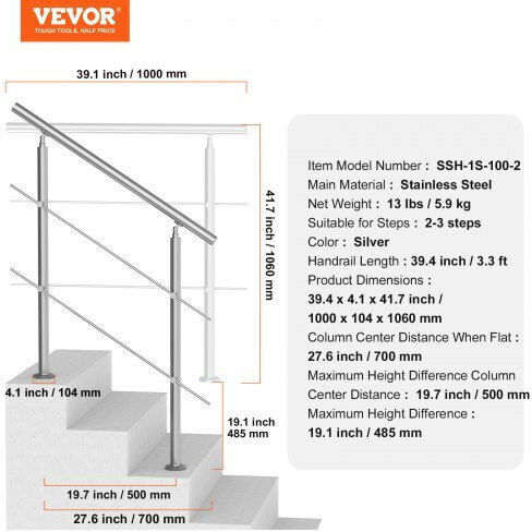 Vevor Handrails 39.4" Outdoor Steps 2 Rods Porch Deck Bxgslzfs100cz97quv0