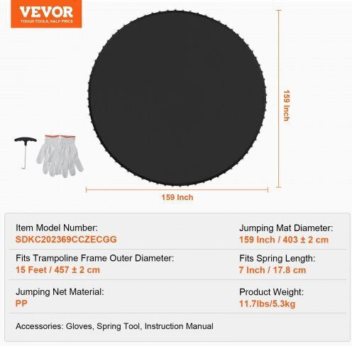 Vevor Replacement Trampoline Mat Frame 15ft 96 V-rings Springs 7" Yxbctd15yc96zr38wv0