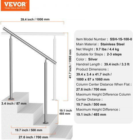 Vevor Κουπαστές 100cm Εξωτερικά Σκαλοπάτια Βεράντα Κατάλληλο Ηλικιωμένους Bxgslzfs100csmb9rv0