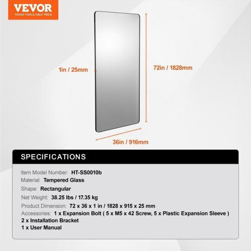Vevor Като Огледало за Стена Пълноразмерно с Черен Металик Рамка 182.88x91.44см 1бр