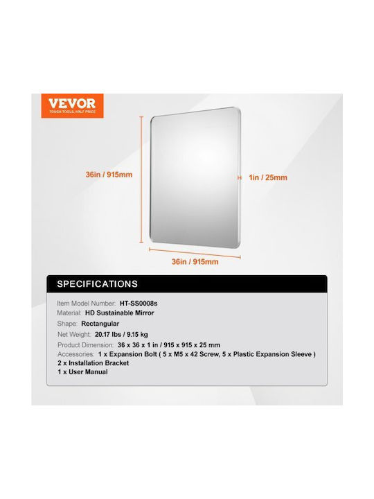 Vevor Oglindă de Perete cu Ramă din Metalic 91.44x91.44cm 1buc