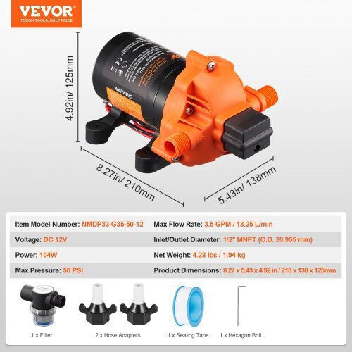 Vevor Diaphragm Pump 12v 3.5gpm 13.25l/min Pressure Switch 3-chamber 12vyysb3q35g3n0dnv9