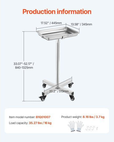 Vevor Mobile Mayo Stand Stainless Steel Removable Tray 25.2"-39.8" Systceckfs411una4v0