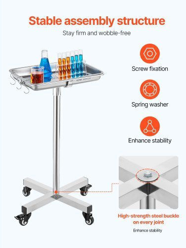 Vevor Mobile Mayo Stand Stainless Steel Removable Tray 25.2"-39.8" Systceckfs411una4v0