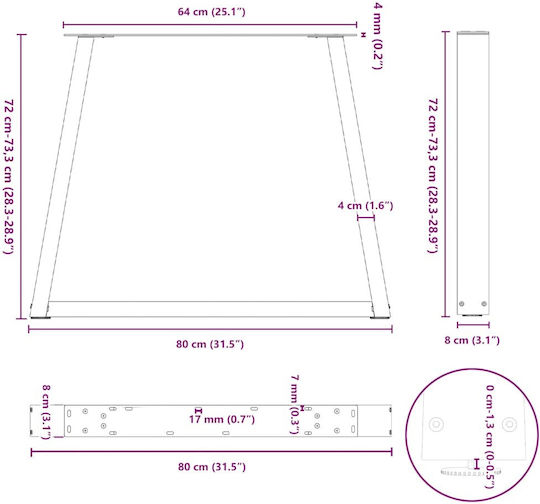 vidaXL Metallic Furniture Leg 3 Pieces Suitable for Table / Coffee Table / Office 80x72cm Natural