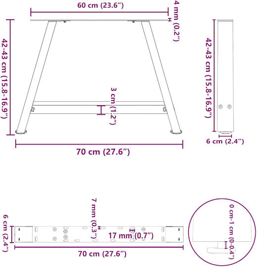vidaXL Metallic Furniture Leg 2 Pieces Suitable for Table / Coffee Table 70x42cm Black