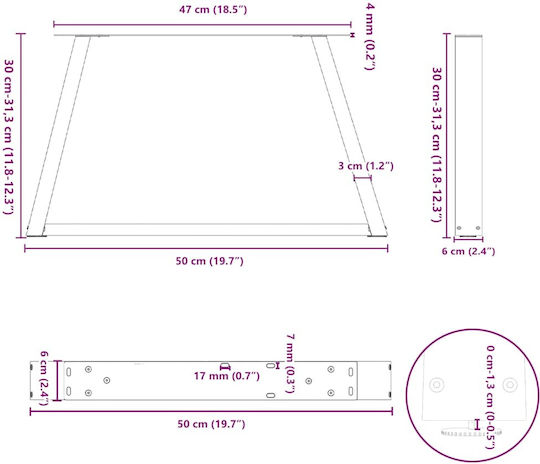 vidaXL Metallic Furniture Leg 2 Pieces Suitable for Table / Coffee Table / Office 50x30cm Brown