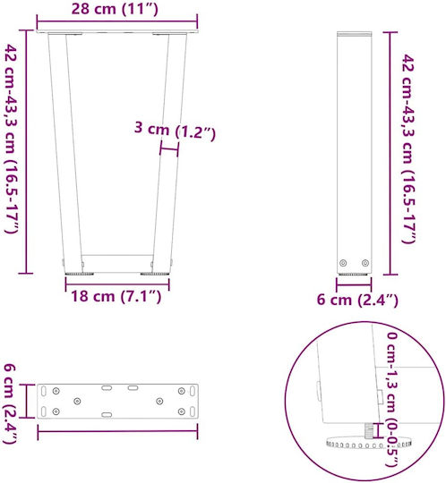 vidaXL Metallisches Möbelbein 2Stücke Für Tisch / Beistelltisch / Büro 28x42cm Anthrazit