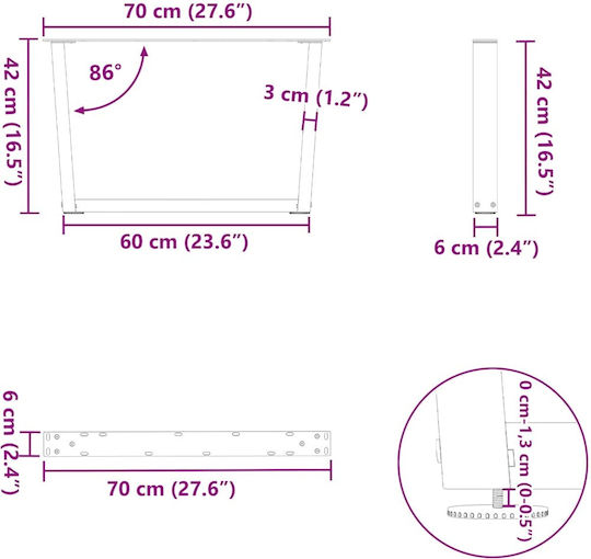 vidaXL Metallic Furniture Leg 2 Pieces Suitable for Table / Coffee Table / Office 70x42cm Natural