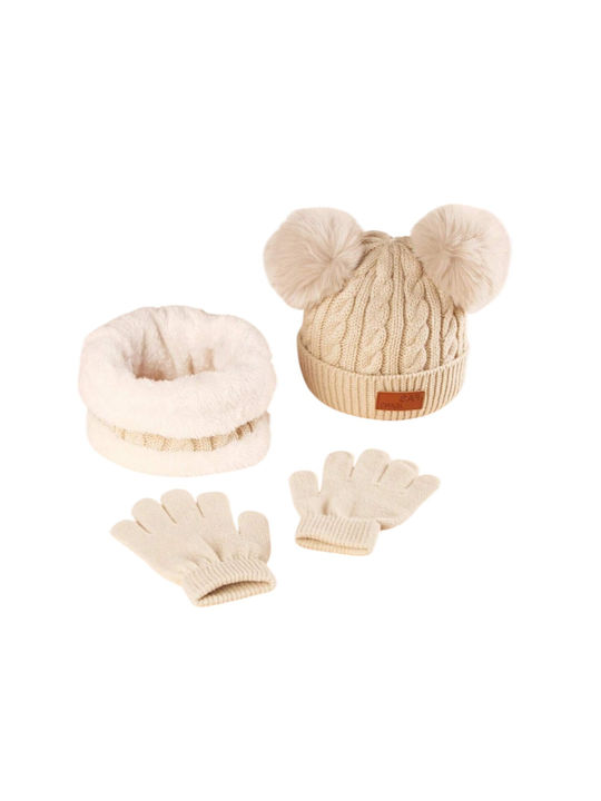 TakTakBaby Kinder Mütze Set mit Schal & Handschuhe Gestrickt Beige 3Stück