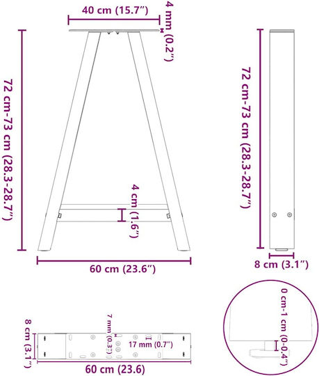 vidaXL Metallic Furniture Leg 2 Pieces Suitable for Table / Coffee Table / Office 60x72cm Black
