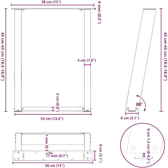 vidaXL Metallic Furniture Leg 2 Pieces Suitable for Table / Coffee Table / Office 38x72cm White