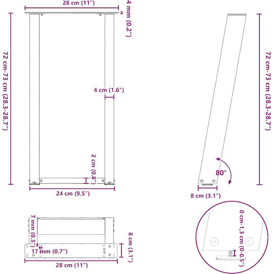 vidaXL Metallisches Möbelbein 2Stücke Für Tisch / Beistelltisch 28x72cm Anthrazit